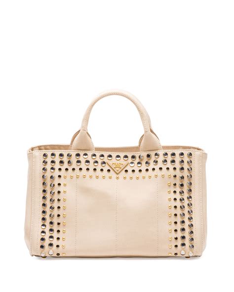 prada studded canvas gardener& 39|Prada Canapa Canvas Gardener's Tote Bag w/Studs, Beige (Corda).